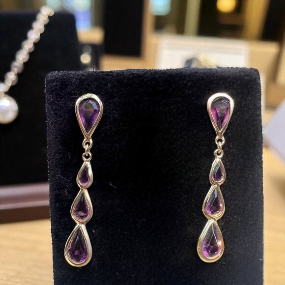 Monet Amethyst Quadruple  Teardrop Dangle Earrings With Gold Setting Vintage - Picture 1 of 11